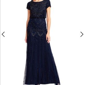 Adrianna Papell beaded blouson gown navy 16